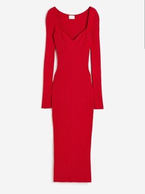 H&M Scarlet Ribbed Long-Sleeve Midi Dress